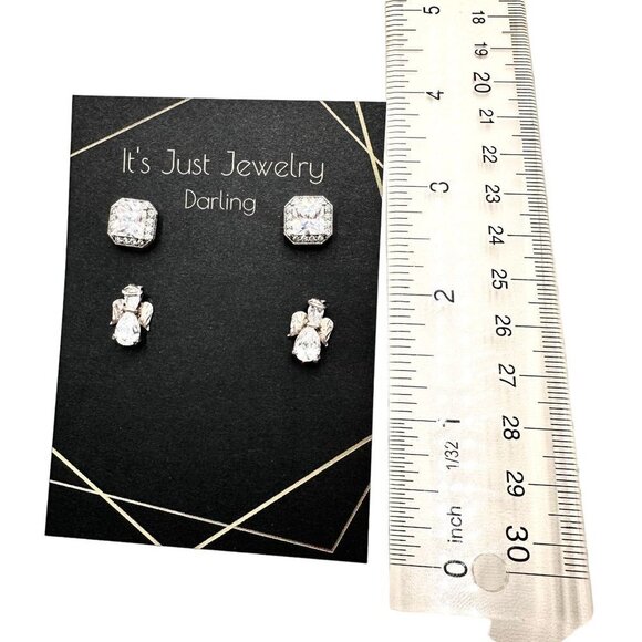 Sterling Silver Womans Earrings CZ Cubic Zirconia Pierced Studs Angel Princess - Picture 3 of 3